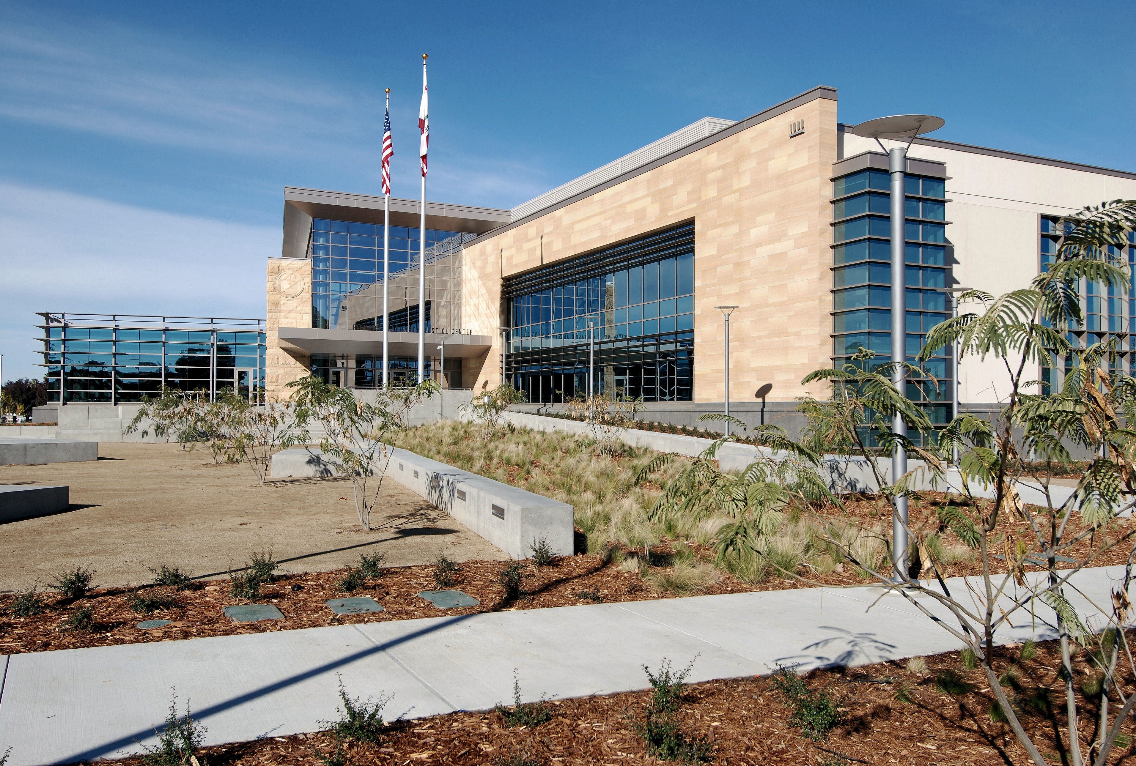 Exterior view of courthouse building showing the main entrance.