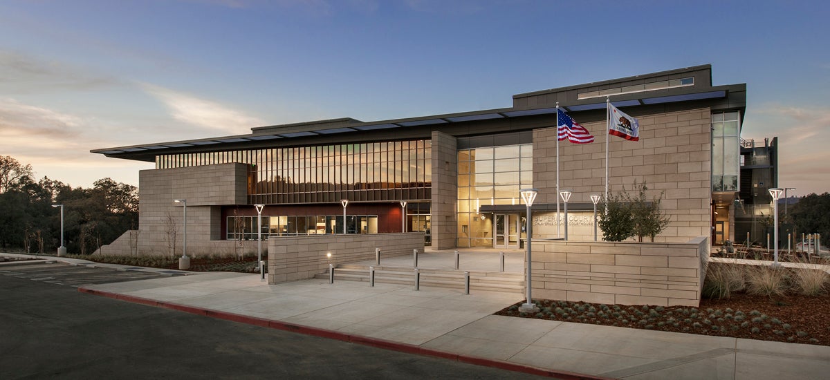 Exterior view of courthouse building showing the main entrance.