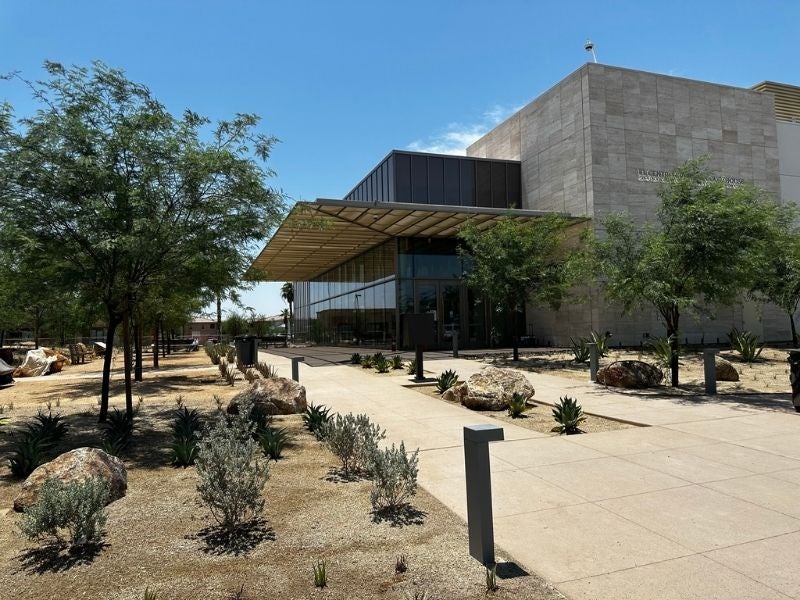 Exterior view of courthouse building showing the main entrance.