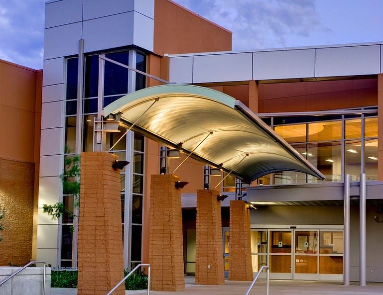 Exterior view of courthouse building showing the main entrance.