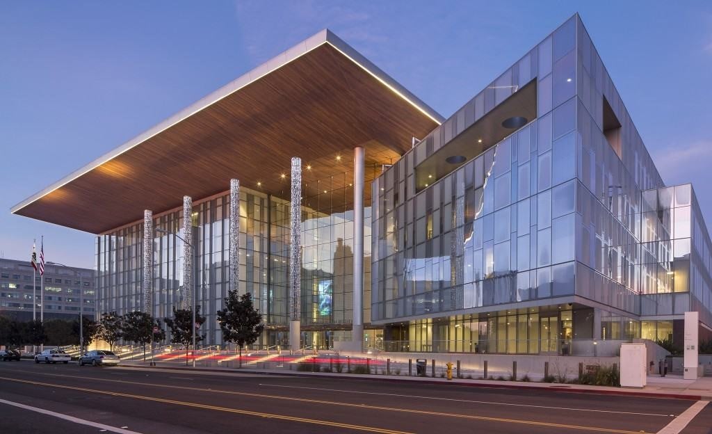 Exterior view of courthouse building showing the main entrance.