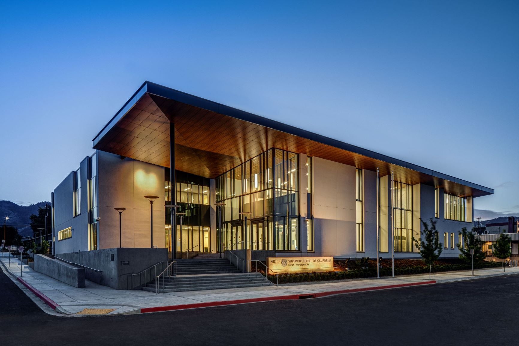 Exterior view of courthouse building showing the main entrance.