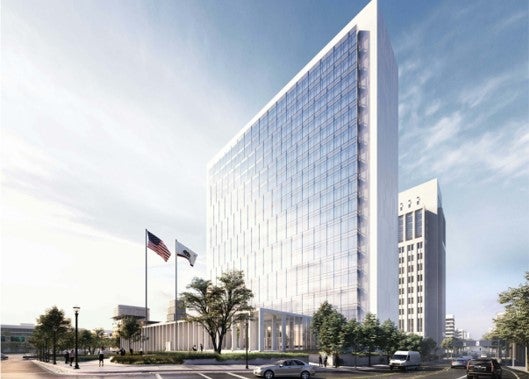 Exterior view of courthouse building showing the main entrance.