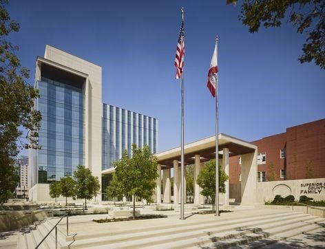 Exterior view of courthouse building showing the main entrance.