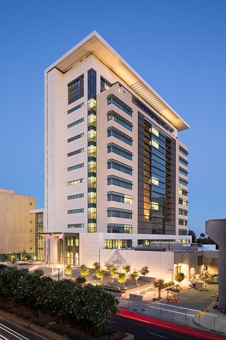 Exterior view of courthouse building showing the main entrance.