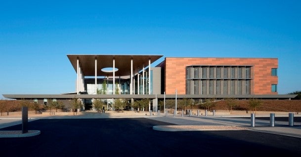 Exterior view of courthouse building showing the main entrance.