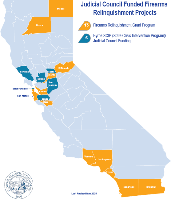 This map depicts counties in California partaking in some firearm relinquishment program.  