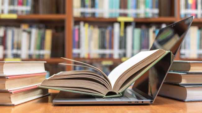 A mix of books and a computer